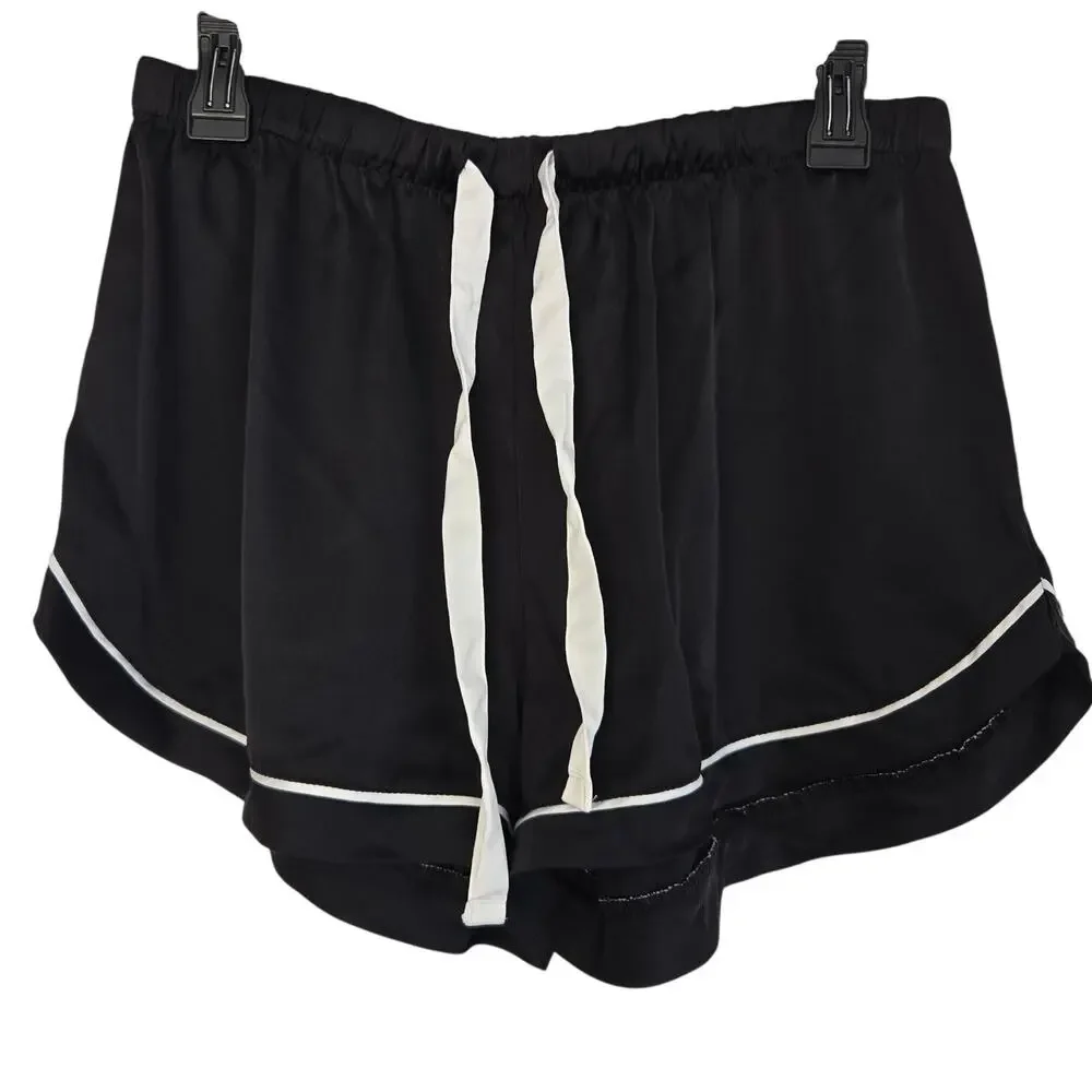 Satin Chic Pajama Set BLK/White Piping Button‑Up Top & Drawstring Shorts Medium